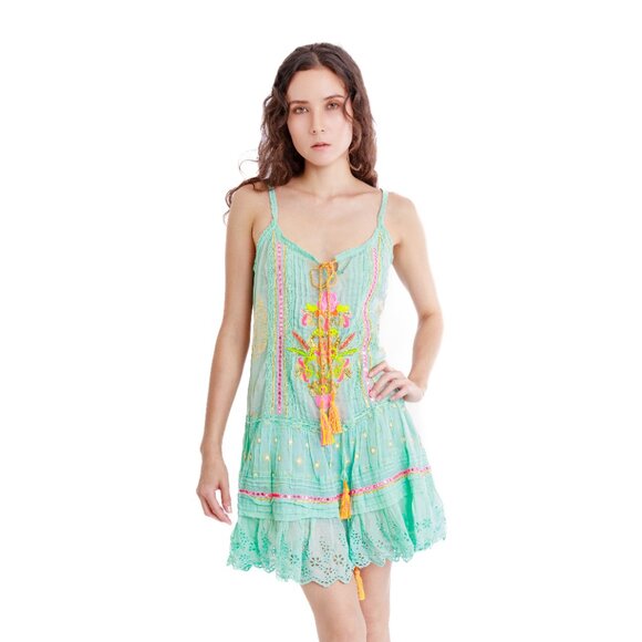 Boho Embellished Aqua Blue Sun Dress with tassels and embroidery Cotton Size S - Picture 3 of 13